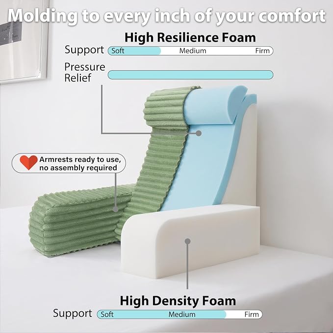 ENITYA 22" XL Back Pillow for Bed Sitting Up with Armrests & Big Pockets | Supportive Reading Pillow with Dual-Layer Foam Design, Ideal for Bedroom, Living Room, Dorm, Modern Style, Sage Green