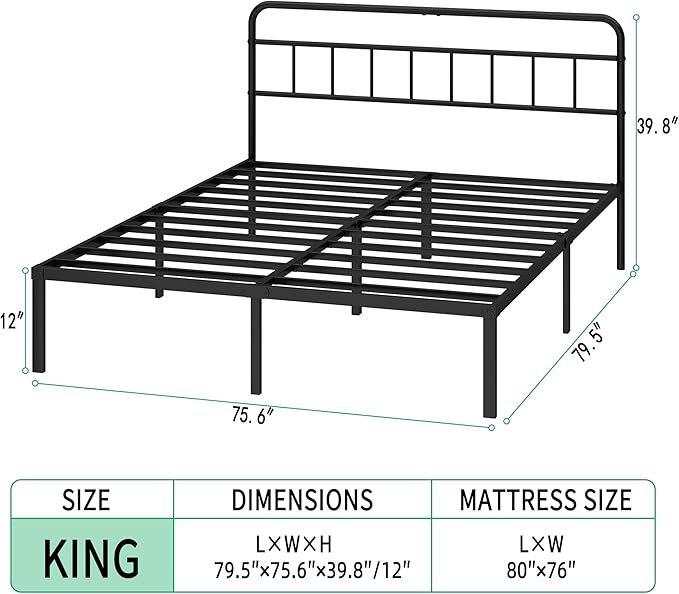 King Bed Frame with Classic Headboard, Black | Strong Metal Slats Support, Under Bed Storage Space, No Box Spring Needed, Easy to Assemble