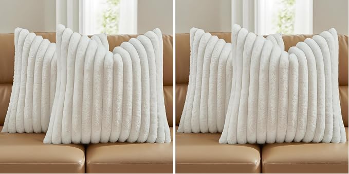 FUTEI Pack of 4 Fluffy Faux Fur Throw Pillow Covers 18x18 Inch Elegant Striped Textured Decorative Cushion Cases Modern Accent Pillow for Couch Bed Living Room, Cream White