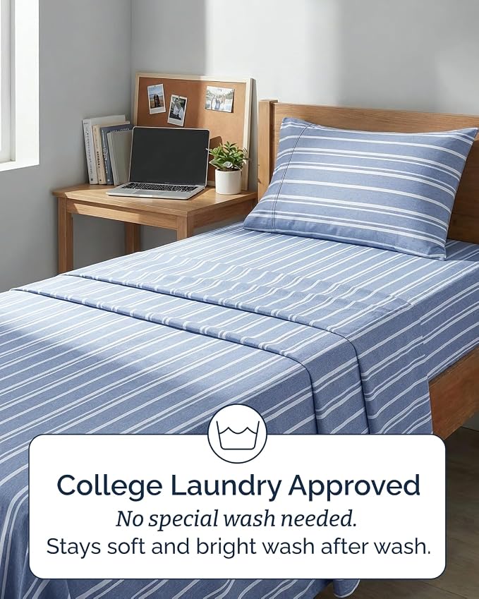Extra Deep Twin XL Sheet Set - 3 Piece College Dorm Room - Blue Stripes | Soft, Breathable & Cooling, Easily Fits 18 to 24 inch Mattress, Wrinkle Free & Fade Resistant with Extra Deep Pockets