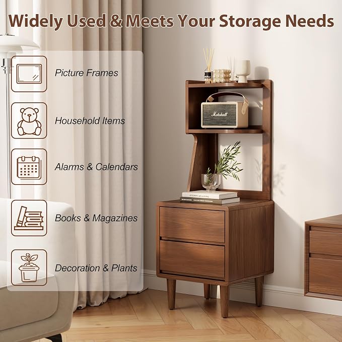 Solid Wood Bookshelf Nightstand Combo, Tall Nightstand with Bookshelf | Walnut Nightstand Bookshelf,Solid Wood Nightstand with Drawers,Open Shelf Bookcase,for Bedroom,Living Room,Offices