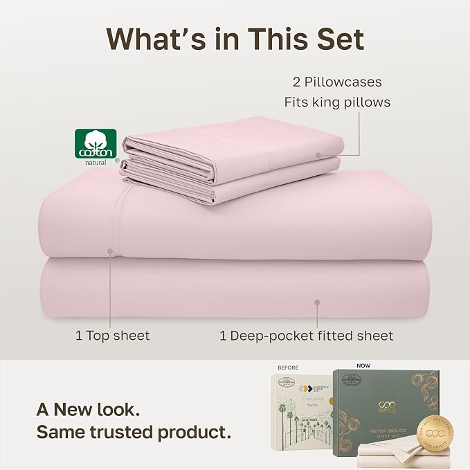 California Design Den 600 Thread Count Cotton Sheets California King, Pink | 100% Cotton Sateen Backed by Good Housekeeping Seal, Soft & Smooth, 16" Deep Pocket, All-Around Elastic, Easy Care, 4 Pc Set