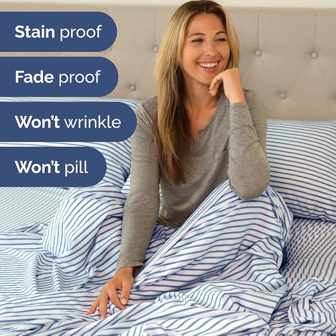 Short Queen Size 4 Piece Bed Sheet Set - RV Short Queen - Blue Stripes | Ultra-Soft, Breathable & Cooling Bed Sheets Set with Deep Pockets, Hotel Luxury Bedding for Women & Men, Wrinkle & Fade Free
