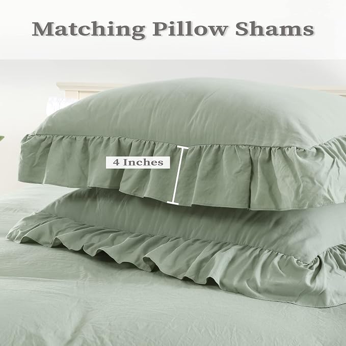 CAROMIO Sage Green Ruffled Duvet Cover Twin, 2PCS Soft Washed Microfiber Vintage French Country Duvet Cover Set for Kids Girls, Sage Green, 68x90 in