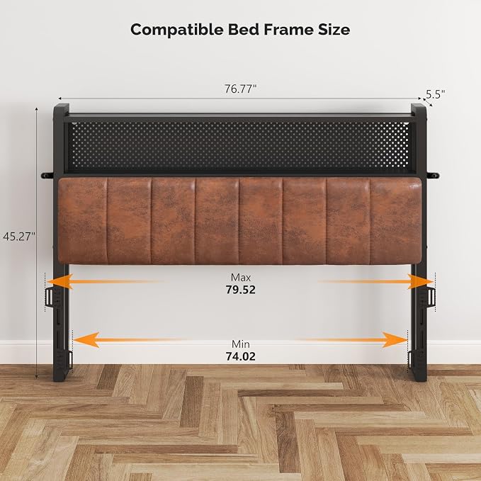 VINGLI King Size PU Leather Upholstered Headboard Bookcase Head Board for Bed with Storage,Charging Stations and LED Light, 2 Tier Shelves and Pegboard, Height Adjustable, Industrial Brown