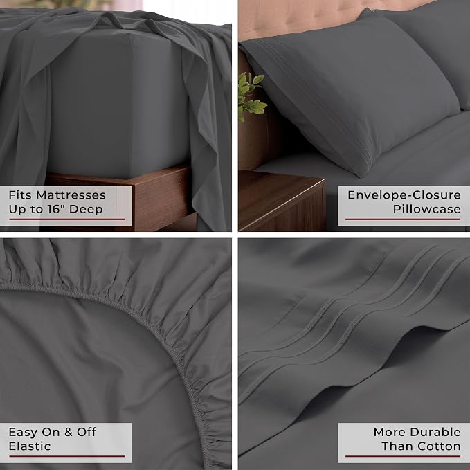 Mellanni Iconic 4-Piece, Ultra Soft Sheet Set (King, Gray) | 10M+ Sleepers. Lab-tested: Sleeps Cool, Stays Bright, Strong, Smooth. Good Housekeeping Best Bedding, 7 yrs running.