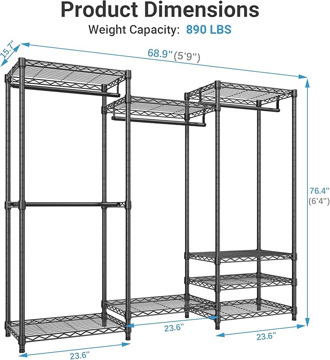 VIPEK V5 Heavy Duty Clothes Rack, Freestanding Modular Closet System, Black | 890 lbs Load, 4 x 23.6 in hanging rods, 8 x shelves (2 adjustable), Supports expansion with accessories