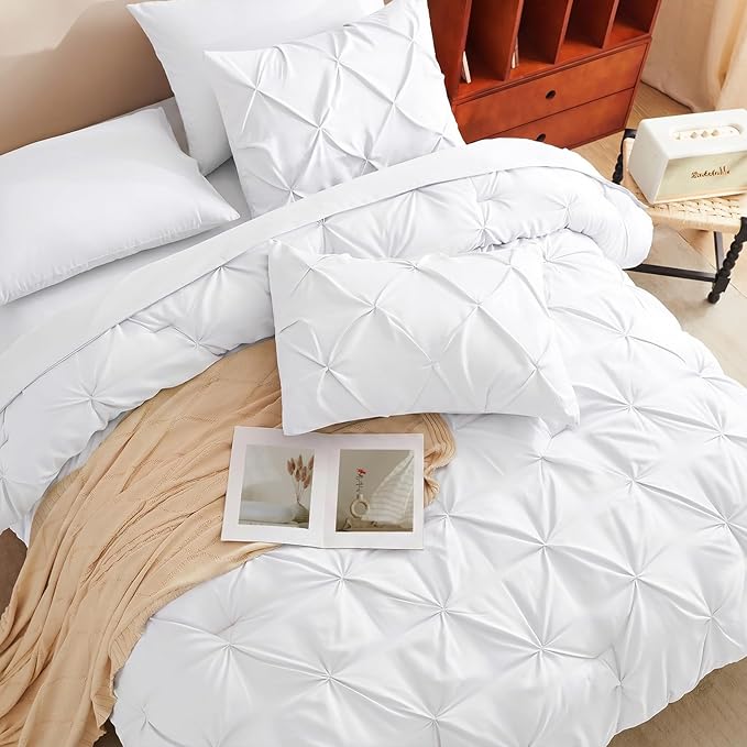 HIMEET Oversized King Comforter Set White - 7 Pieces Pintuck Bed in a Bag | OEKO-TEX Certified, 240GSM Down Alternative Comforter, 14" Deep Pocket Fitted Sheet + Flat Sheet + 2 Pillowcases + 2 Shams