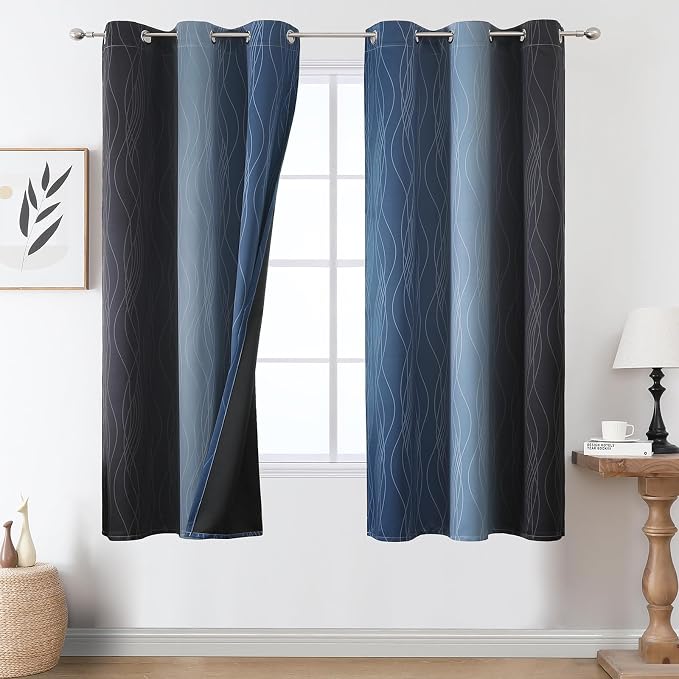 Navy Blue and Black Ombre Blackout Curtains for Bedroom 63 Inches Long | Estelar Textiler Room Darkening,Thermal Insulated,Full Light Blocking,Grommet Window Drapes for Living Room,42Wx63L,2 Panels