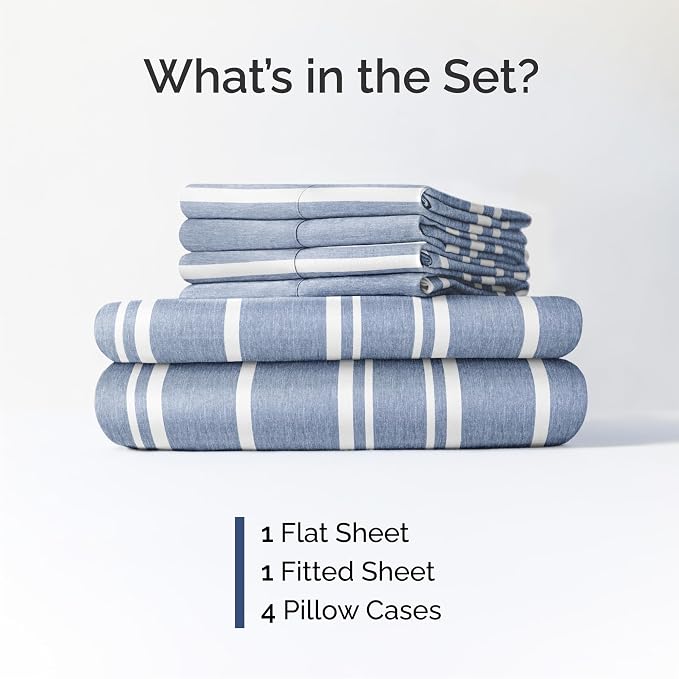 Cal King 6 Piece Bed Sheet Set - Breathable & Cooling Sheets - Blue Stripes | Ultra-Soft Hotel Luxury Bedding Set with 8-16 Inch Deep Pockets, 1 Flat & 1 Fitted Sheet & 4 Pillowcases, Wrinkle & Fade Free