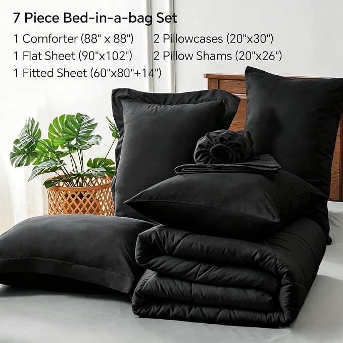 BEDELITE Queen Comforter Set 7 Pieces, Solid Black Bed in A Bag | Soft All Season Down-Alternative Comforter, Sheets, Pillowcases & Shams, OEKO-TEX Certified Bedding for Bedrrom, Guest Room