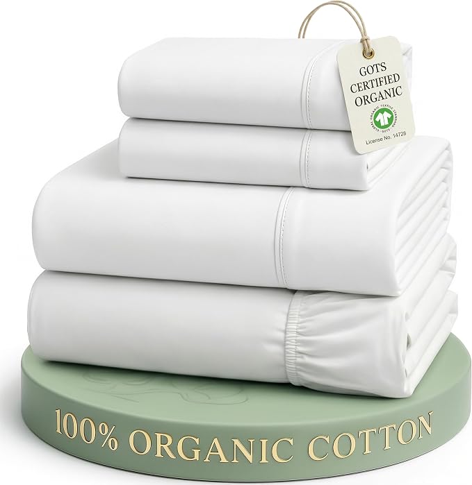 LANE LINEN California King Sheets 100% Organic Cotton 4pc Percale - White | Cal King Sheets In GOTS Certified Organic Cotton Percale - Cool All Summer, Cozy All Winter, Crisp Hotel-Style Feel