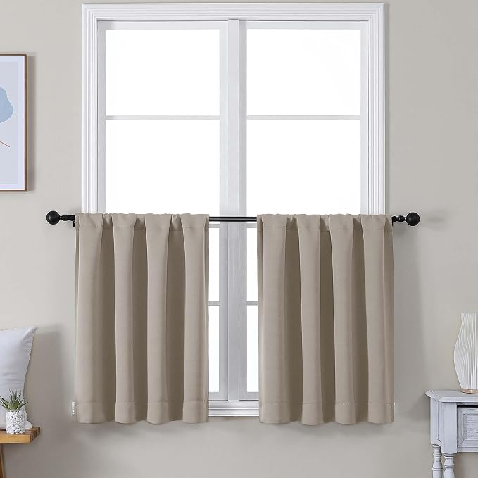 Simplebrand Ava Stone Short 24 Inches Blackout Curtain 2 Panels Set, Half Window Rod Pocket Privacy Curtain Tiers for Kitchen, Curtains Blackout for Bathroom Shades, W30 x L24 Inch, Stone