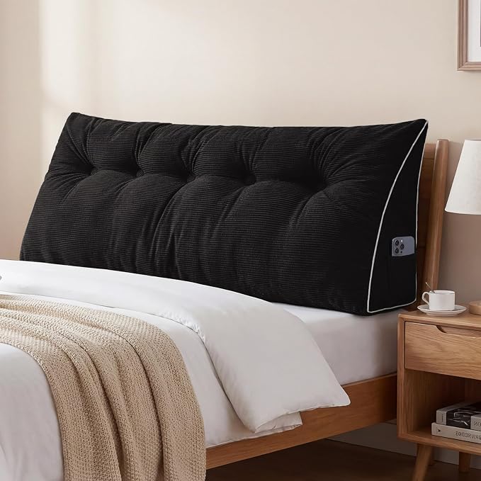 Sasttie Headboard Pillow Queen, Wedge Pillow Headboard, Black | Triangle Backrest Cushion for Sitting or Reading in Bed, Dorm Essentials, OEKO-TEX, Down Alternative Fill, Side Pockets