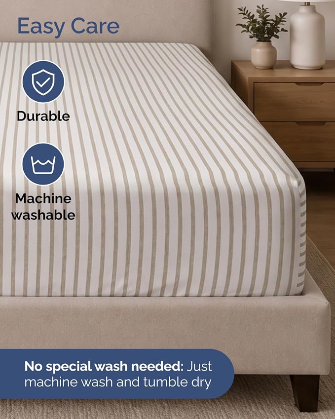 2 Pack Extra Deep Full Fitted Sheets with Deep Pockets - Beige Stripes | Hotel Luxury Bottom Fitted Sheets Only, Soft, Fade & Wrinkle Free, Breathable & Comfy, All Around Elastic Fitted Sheets