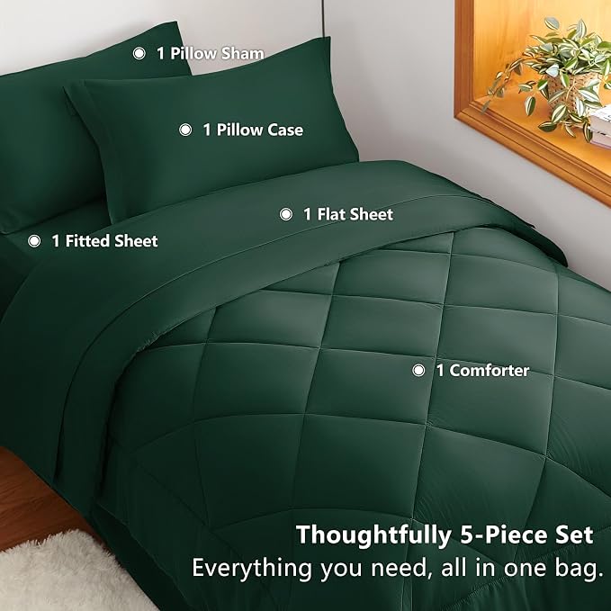 Twin Comforter Set Emerald Green - 5 Pieces Bed in a Bag | OEKO-TEX Certified, All Season, Teen, Single, Dorm, 240GSM Down-Alternative Comforter, Sheets, Pillowcase & Sham, Easy Care