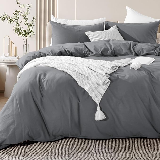 NEXHOME PRO Duvet Cover Set 100% Washed Cotton Full Size Linen Feel Textured Organic Natural 3 Pieces Bedding Set with Zipper Closure and Corner Ties, Breathable and Soft (Grey, No Comforter)