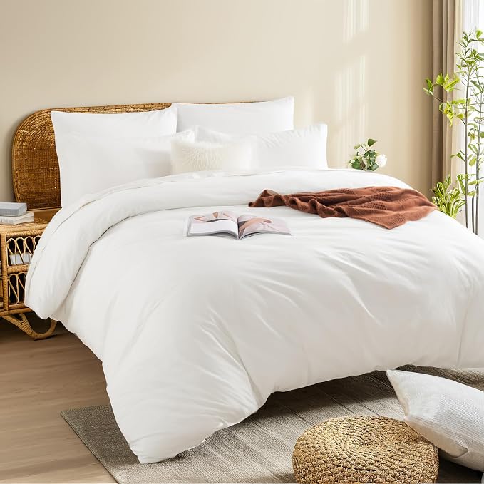 NEXHOME PRO Duvet Cover Set 100% Washed Cotton Full Size Linen Feel Textured Organic Natural 3 Pieces Bedding Set with Zipper Closure and Corner Ties, Breathable and Soft (White, No Comforter)