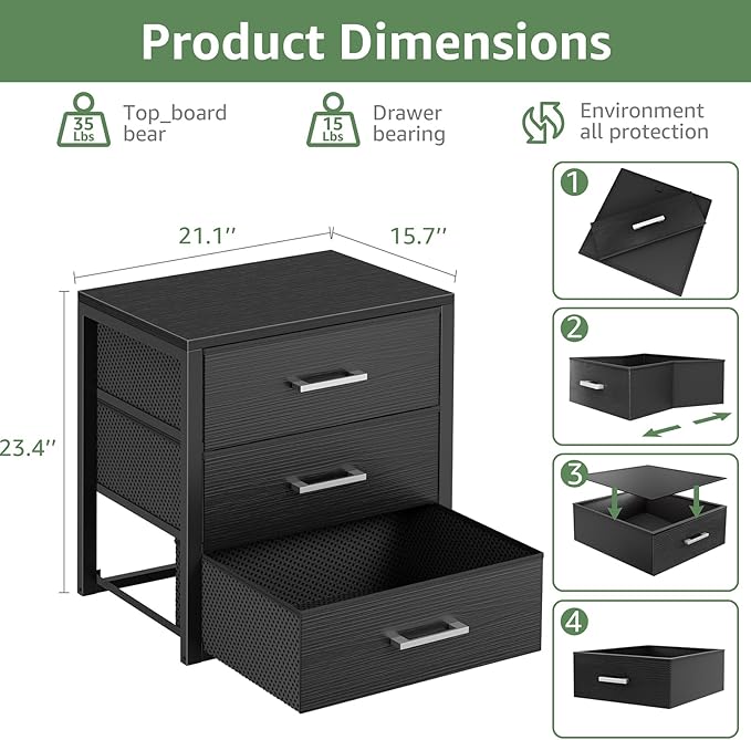 BOLUO Closet Drawers Black 3 Drawer Dresser for Closet Organizers and Storage Bedroom Dorm Modern