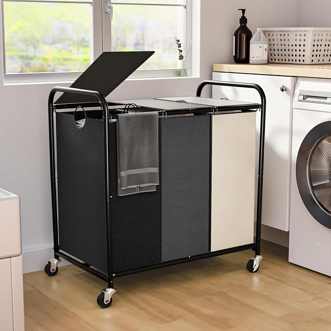 180L Laundry Sorter 3 Section, Rolling Laundry Basket with Wheels and Lid | 47.55 Gal Laundry Hamper, 3 Separated Removable Bags, Lockable Wheels, Dirty Clothes Hamper for Laundry Room, Multicolored