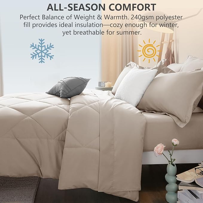 King Size Comforter Set Linen - 7 Pieces Complete Bedding Set | OEKO-TEX Certified, All Season, 240GSM Down-Alternative Comforter, Sheets, Pillowcases & Shams, 14" Deep Pocket, Easy Care