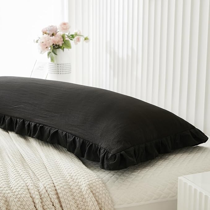 Black Body Pillow Cover 20x54inches Long Pillowcase Ruffled Pillowcases Shabby Chic Ruffled Fringe Decor Body Ruffled Pillow Sham Cute Pillowcase (1 Body, Black)