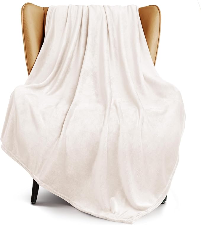 Exclusivo Mezcla Soft Fleece Throw Blanket for Couch, Ivory | 50x60 Inches, Double-Sided Brushed Flannel, Lightweight Plush Cozy Blanket for Home Decor, All Season, Machine Washable