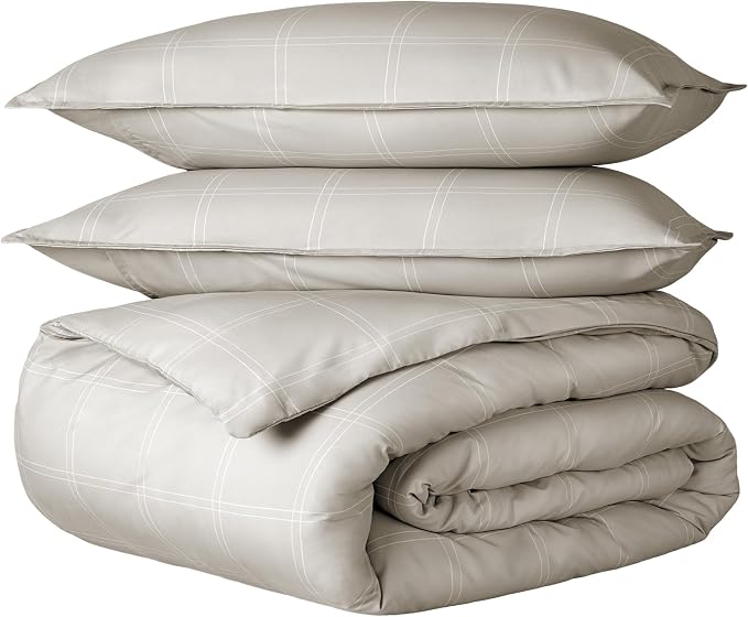 Bare Home Duvet Cover Set (Queen, Modern Plaid - Stone/White) | 1800 Ultra-Soft, Lightweight, Cooling, Breathable, Premium, All-Season