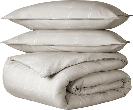 Bare Home Duvet Cover Set (King, Modern Plaid - Stone/White) | 1800 Ultra-Soft, Lightweight, Cooling, Breathable, Premium, All-Season
