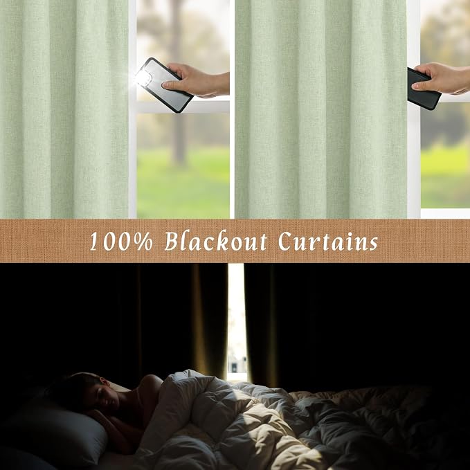 Light Green Natural 100% Blackout Linen Curtains 45 Inches 2 Panels | Linen Textured, Thermal Bedroom Curtains, Farmhouse Neutral Panels, Rod Pocket Back Tab, with White Liner, 38 x 45 Inch