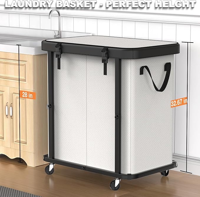 Laundry Basket with Wheels,190L (50 Gal) Laundry Hamper 2 Setion - Beige | Leather Patchwork,Sturdy Metal Frame, Removable Washable Bag, Tall Clothes Sorter for Bedroom, Laundry Room