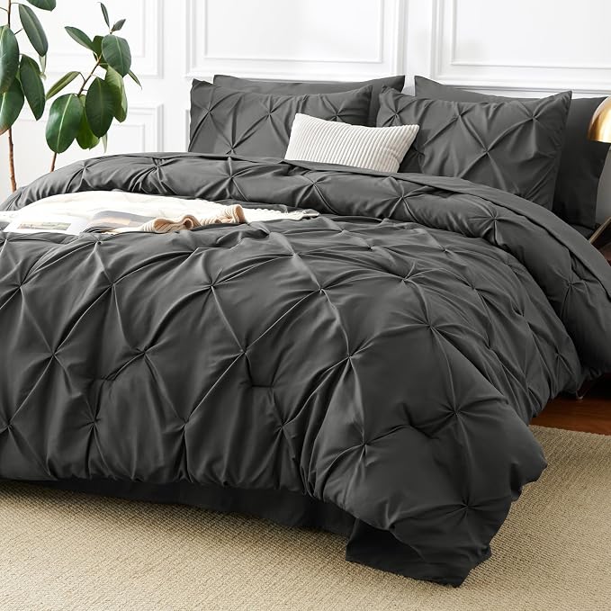 HIMEET Twin XL Comforter Set Dark Grey - 5 Pieces Pintuck Bed in a Bag | OEKO-TEX Certified, 240GSM Down Alternative Comforter, 14" Deep Pocket Fitted Sheet + Flat Sheet + 1 Pillowcase + 1 Sham