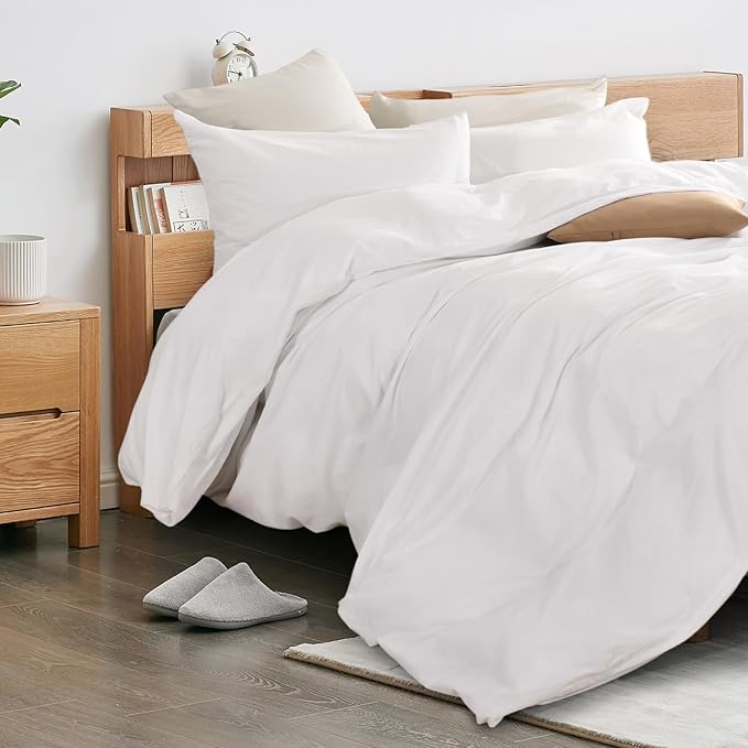 NEXHOME PRO Cotton Duvet Cover Queen Size White, Organic Natural Linen Feel 100% Washed Cotton 3 Pieces Bedding Set with Zipper Closure & Corner Ties, Breathable(No Comforter)