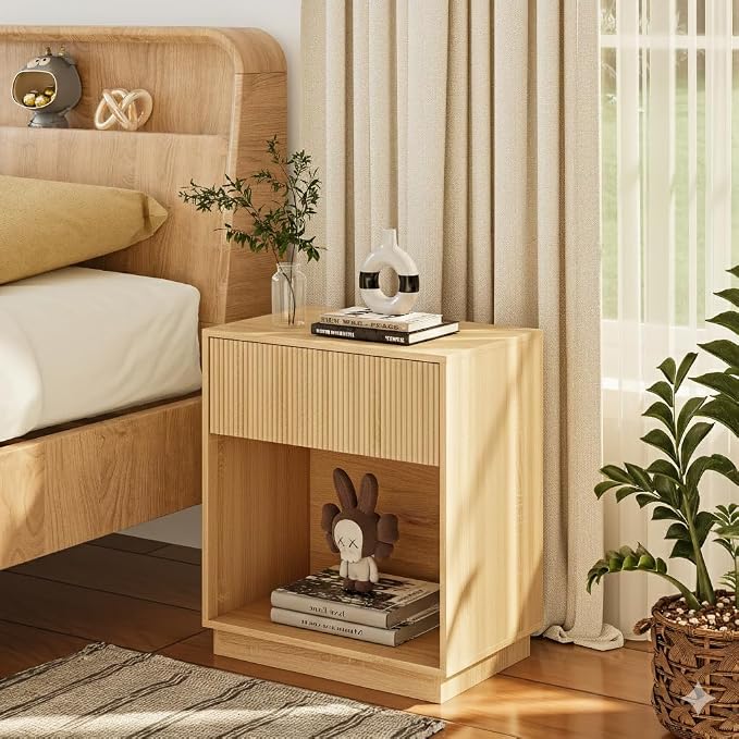 Fluted Nightstands Set of 2, Modern Bedside Table with Storage Drawer and Open Wood Shelf, Wood End Table Mid Century Night Stands for Bedroom Living Room Sofa Couch Office Oak