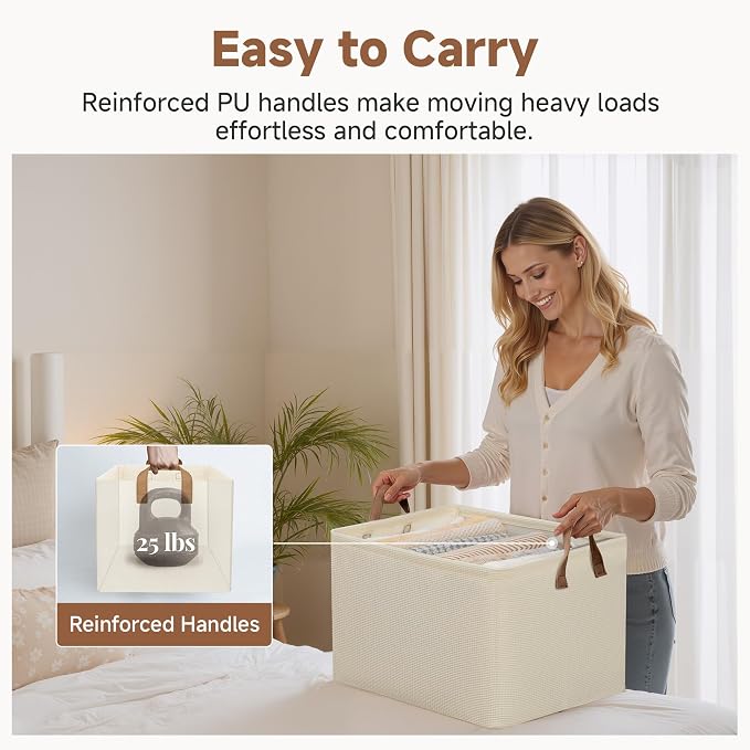 StorageWorks 45L Closet Storage Bins, Storage Baskets, Beige, 2-Pack | Extra Large, With Reinforced PU Handles, Metal Frame, Collapsible, for Shelves, Closet, Holds Clothes, Towels, Blankets