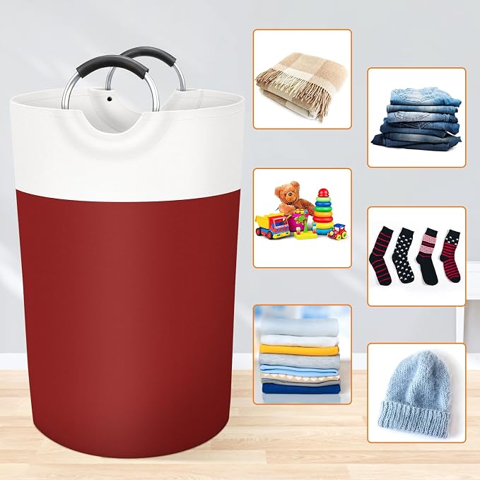 BlissTotes 115L Laundry Basket, Freestanding Collapsible Hamper, Red | Collapsible Dirty Clothes Hamper, Foldable Laundry Bag for Dorm, Waterproof Fabric, Padded Aluminum Handles