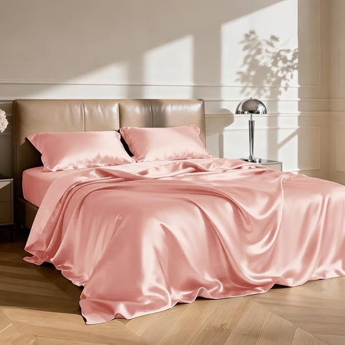 Love's cabin Satin Queen Sheets Set - 4 Piece Coral Silky Bed Sheets with Deep Pocket, Luxury Silk Feel Satin Queen Size Sheet Set (1 Flat Sheet,1 Fitted Sheet,2 Pillow Cases)