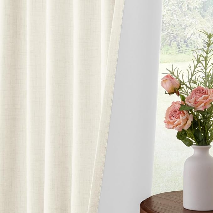 INOVADAY 100% Blackout Linen Curtains for Bedroom 50x90 Inches Beige White | Linen Textured, Light Blocking, Room Darkening, Thermal Insulated, Back Tab Top, Window Curtains for Living Room, 2 Panels