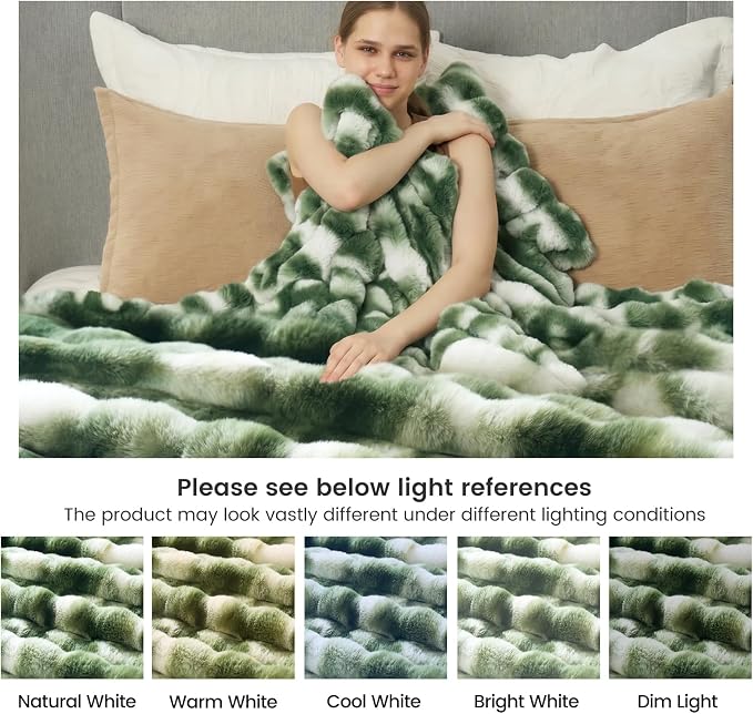 Cozy Bliss Faux Fur Throw for Couch, Fuzzy Soft Plush Thick Bubble Blanket for Sofa Bedroom Living Room, 60x80 Inches Tie-dye Olive Green