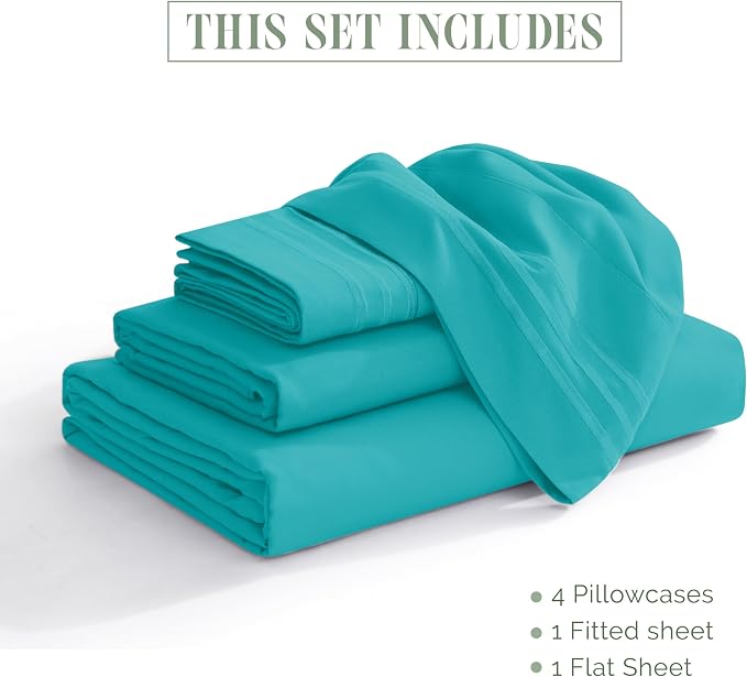 Elegant Comfort Luxury 1500 Premium Hotel Quality Microfiber 4-Piece Sheet Set - Wrinkle Resistant, All Around Elastic Fitted Sheet, Deep Pocket up to 16", RV Short Queen, Turquoise