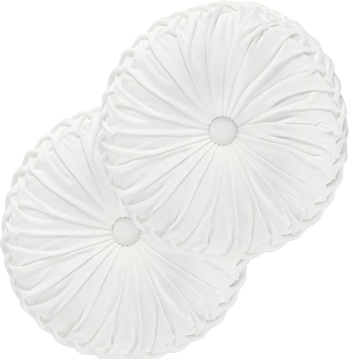 HIG Set of 2 Off White Velvet Decorative Round Pleated Throw Pillows | Vintage Floor Pillows, Classy Accent Pumpkin with Center Button, for Sofa Couch Vanity Chair Bed, 14.5" Diameter