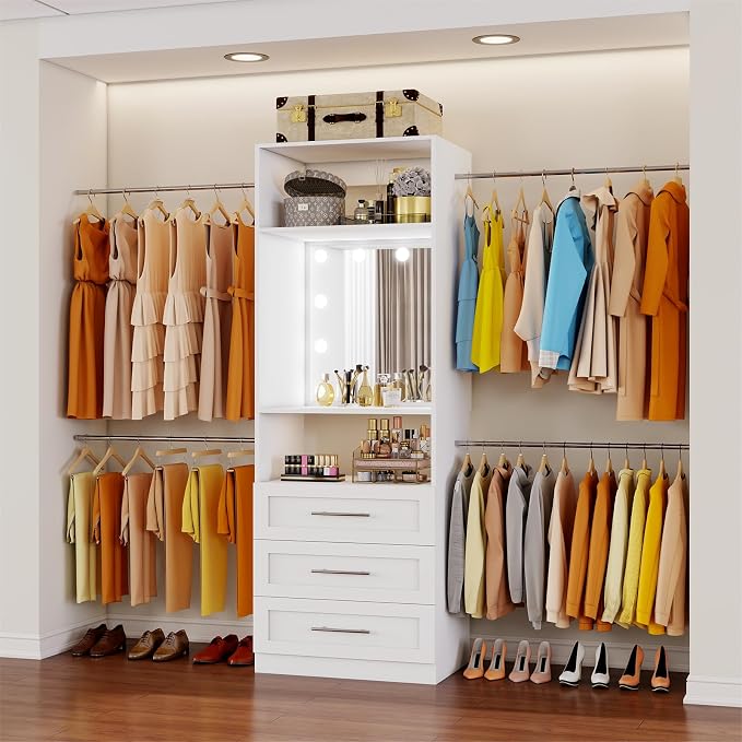 Fastgo Closet System with Drawers, 2FT-9.8FT Hanging Closet Organizer System with 4 Expandable Hanging Rods&Adjustable Shelves, Modular Closet Systems with Light & Mirror, White