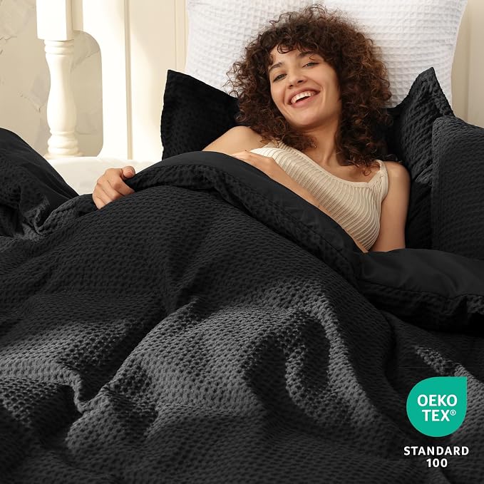 PHF Waffle Duvet Cover Set Queen, Ultra Soft & Breathable, 90"x90", Black | 300GSM Fabrie，No Snagging Textured Honeycomb Comforter Cover for All Season 3pcs, Durable Bedding Duvet Set, Home Decor Gift
