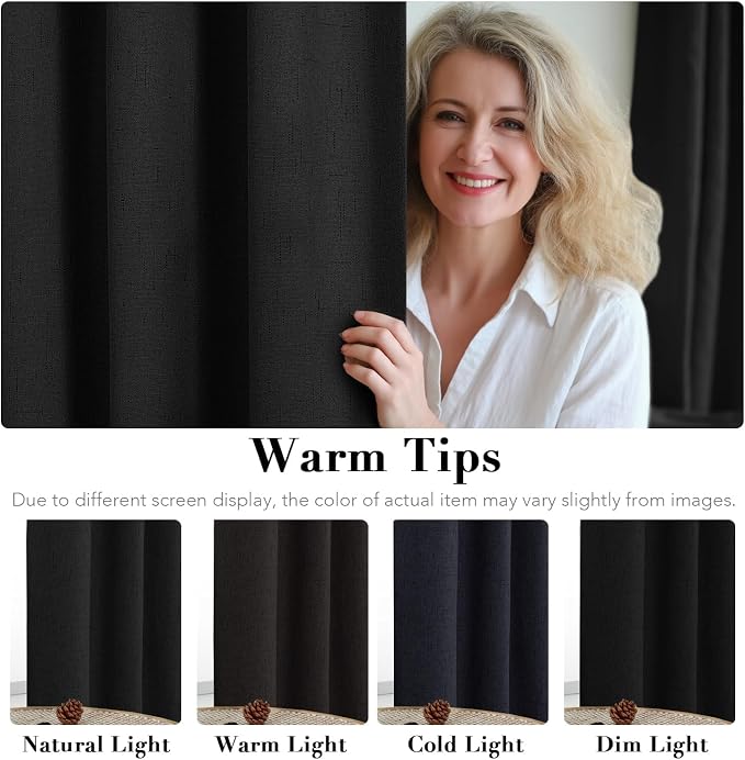H.VERSAILTEX Linen Curtains 100% Blackout Curtains for Bedroom 102 inch Long Full Light Blocking Nature Linen Blended Window Curtains for Living Room Nickel Grommet (2 Panels, Black)