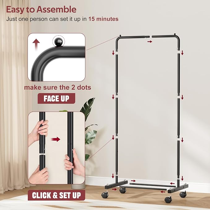 KIMBORA Small Clothing Rack with Wheels, Portable Clothes Racks for Hanging Clothes, 56" Metal Rolling Garment Rack for Coats, Jackets, and Shirts, Black