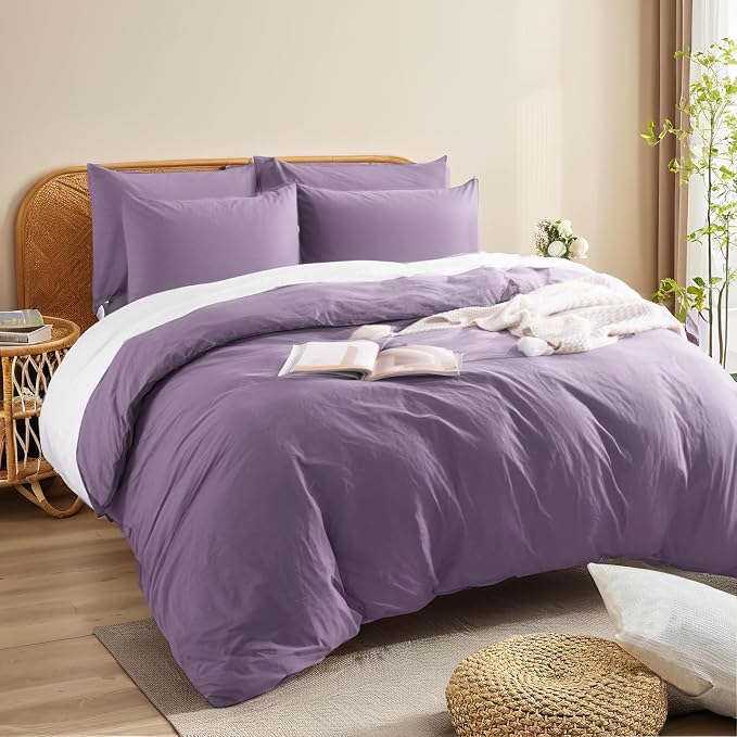 NEXHOME PRO King Duvet Cover Set, 100% Washed Cotton with Linen-Like Texture, Natural Organic, Breathable & Comfortable, Includes Home Bedding Set Dusty Purple (No Comforter) 10490