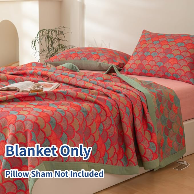 100% Cotton Muslin Blanket Jacquard Rustic Mermaid Fish Scales Print Quilt, Soft Bed Cover Reversible Bedspread Coverlet Breathable Lightweight Bedding Full/Queen(78"x94"), No Pillow Sham
