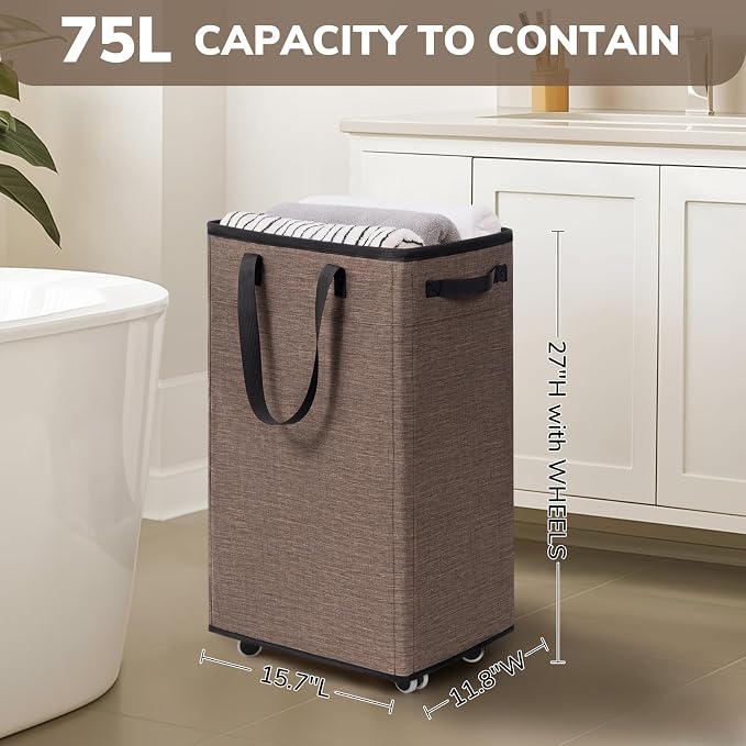 Goodpick 75L Collapsible Laundry Baskets with Removable Wash Bag and Wheels | Rolling Laundry Basket with Handles for Dirty Clothes, Fodable Hamper for Laundry Room, Light Brown