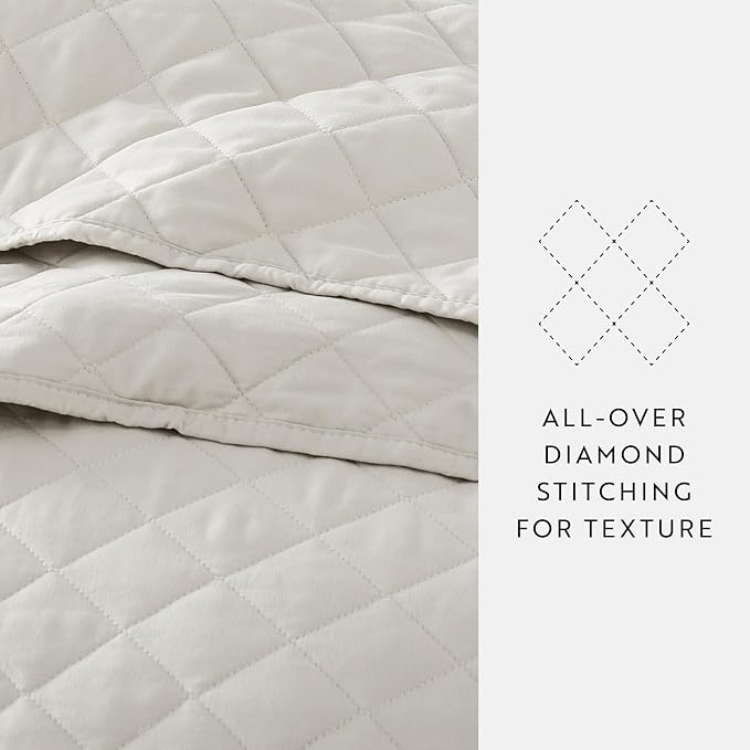 Merit Linens Modern Quilt Coverlet Soft Set in Diamond Stitching - Twin/TwinXL Natural