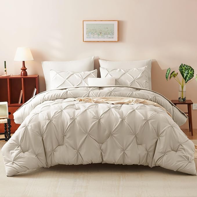 HIMEET Twin Comforter Set Beige - 5 Pieces Pintuck Bed in a Bag | OEKO-TEX Certified, 240GSM Down Alternative Comforter, 14" Deep Pocket Fitted Sheet + Flat Sheet + 1 Pillowcase + 1 Sham